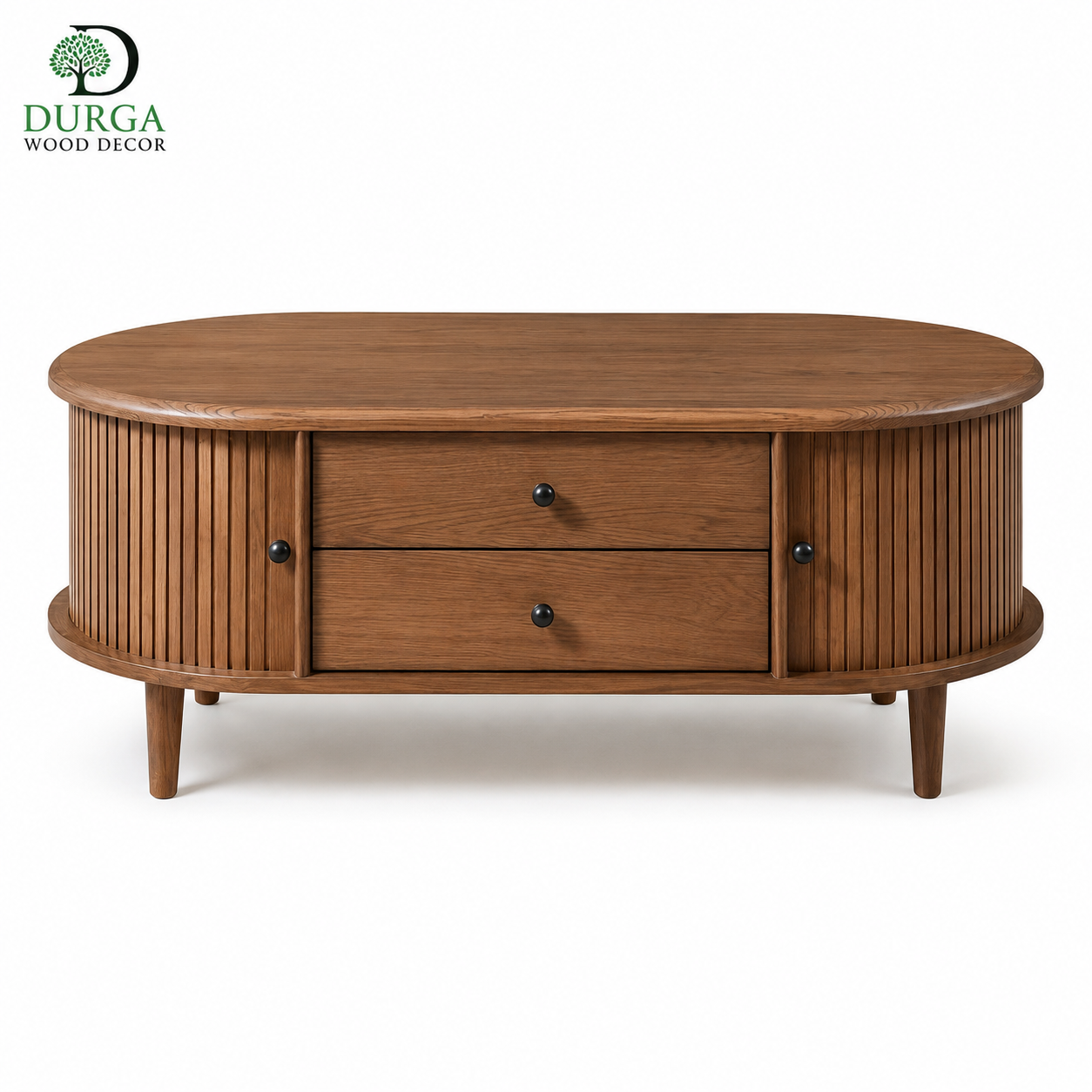 Capsule-Oval Tambour Slatted Teak Wood Center Table