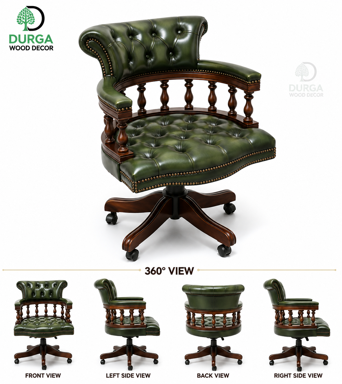 Classic Captain’s Chesterfield Leather Swivel Office Chair (Olive Green)