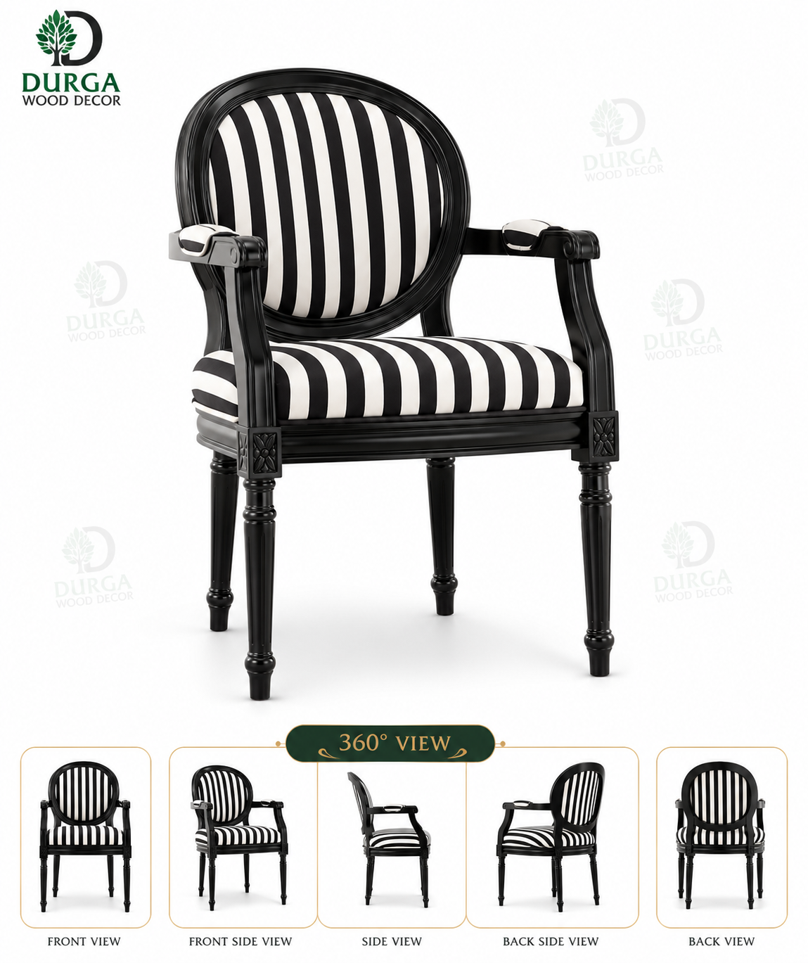 Classic Neo-Noir Striped Teak Wood Accent Chair