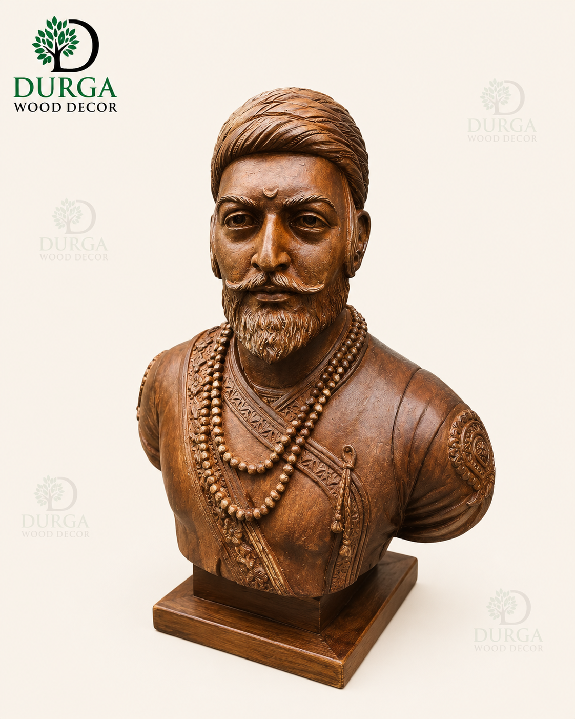Durga Chhatrapati Shivaji Maharaj Hand-Carved Wooden Bust Statue