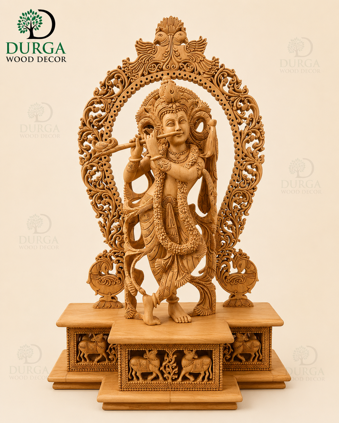 Durga Divine Lord Krishna Flute-Playing Hand-Carved Wooden Statue