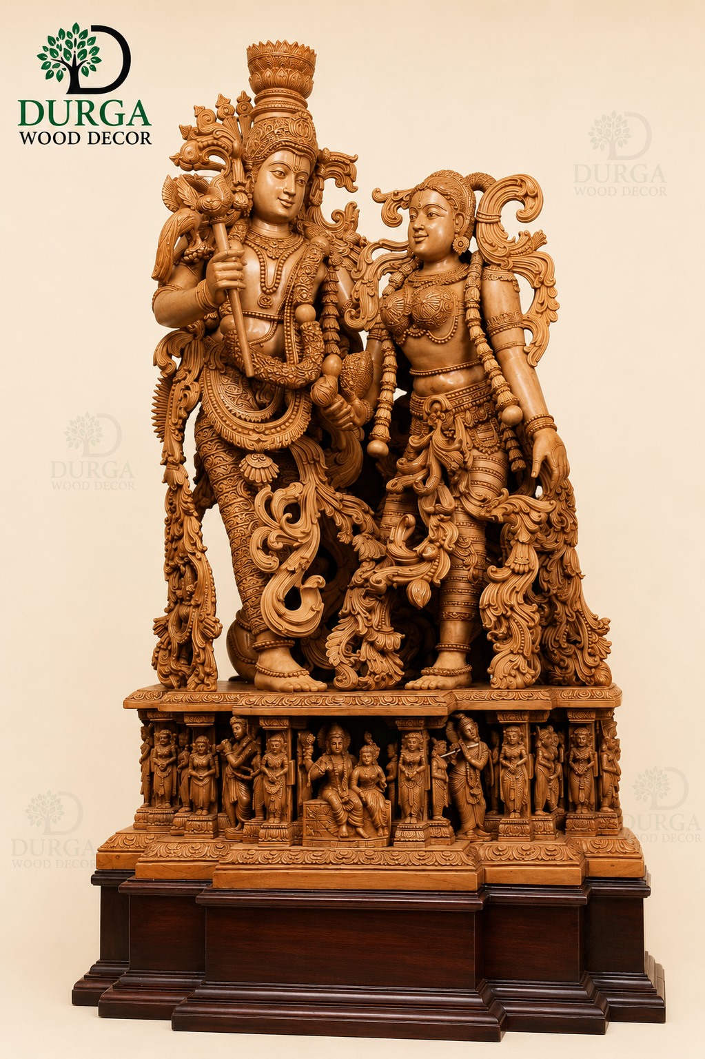 Durga Divine Radha Krishna Eternal Love Hand-Carved Wooden Statue