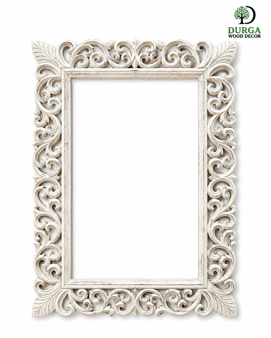 Durga Luxury Baroque Off-White Distressed Carved Teak Wood Mirror & Photo Frame