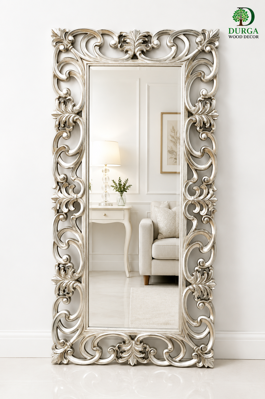 Durga Luxury Baroque Silver Leaf Carved Teak Wood Full-Length Dressing Mirror Frame