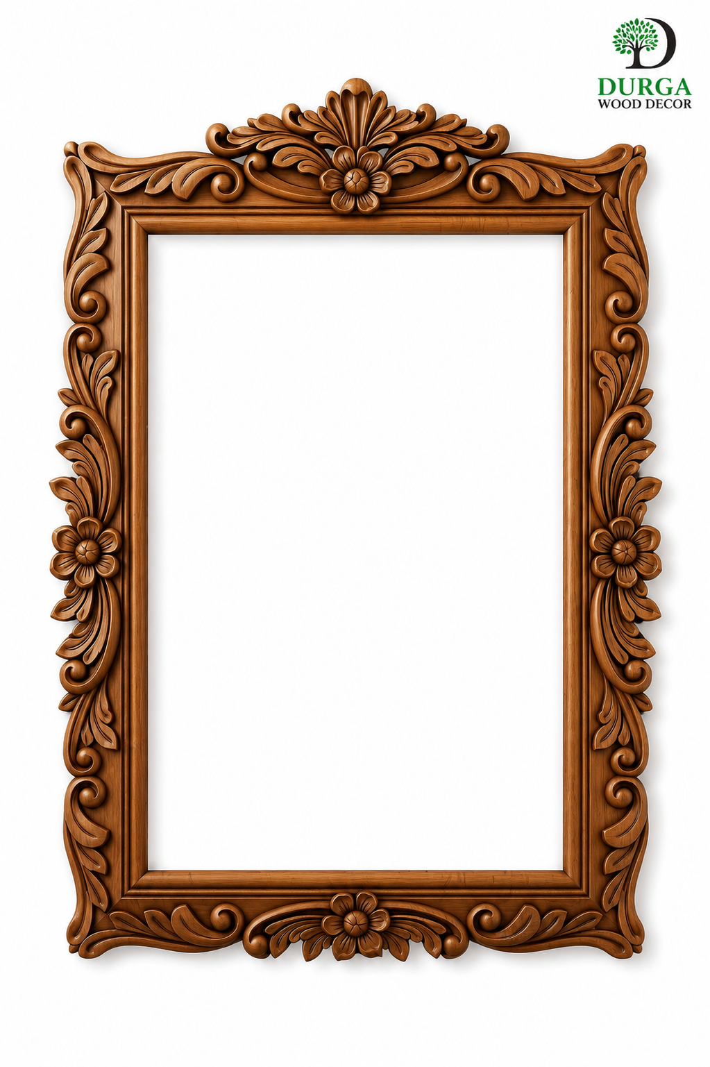 Durga Luxury Floral Crested Rectangular Carved Teak Wood Mirror & Photo Frame