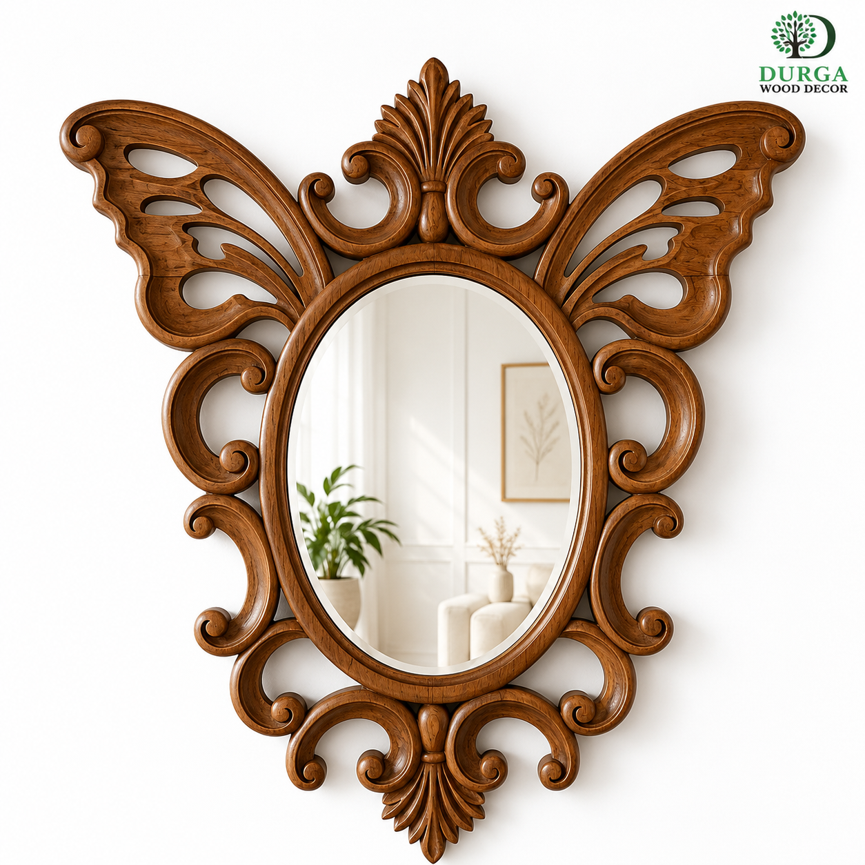 Durga Luxury Oval Butterfly Crest Carved Teak Wood Decorative Wall Mirror Frame