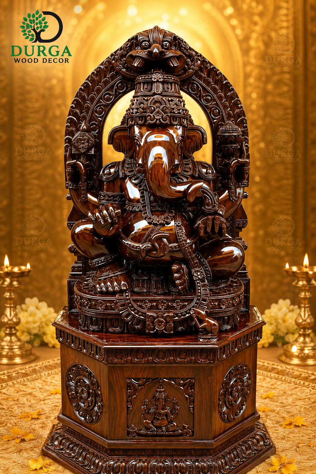 Durga Premium Gloss Walnut Lord Ganesha Hand-Carved Wooden Statue