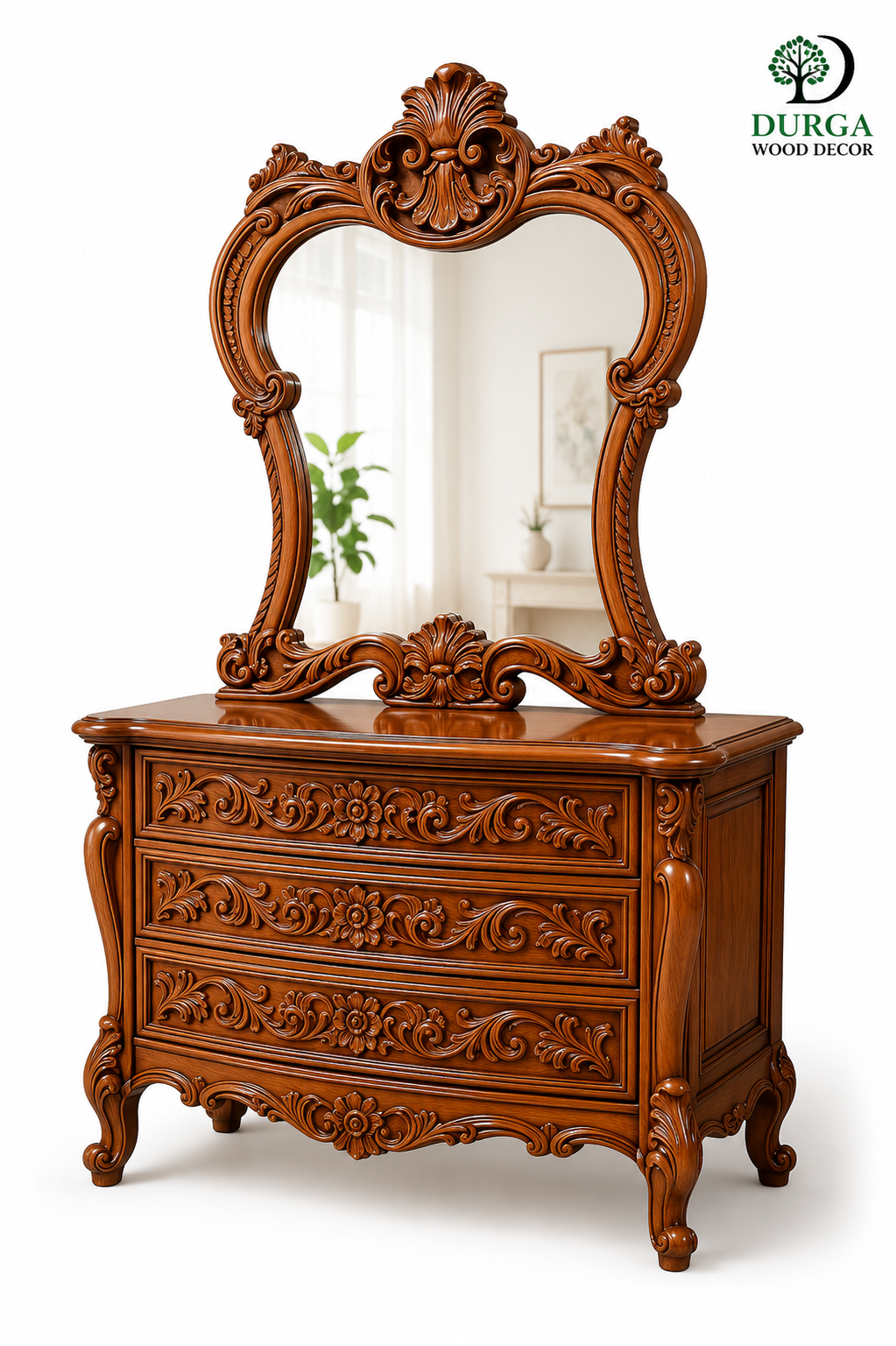 Durga Royal Baroque Carved Teak Wood Luxury Dressing Table & Mirror Set