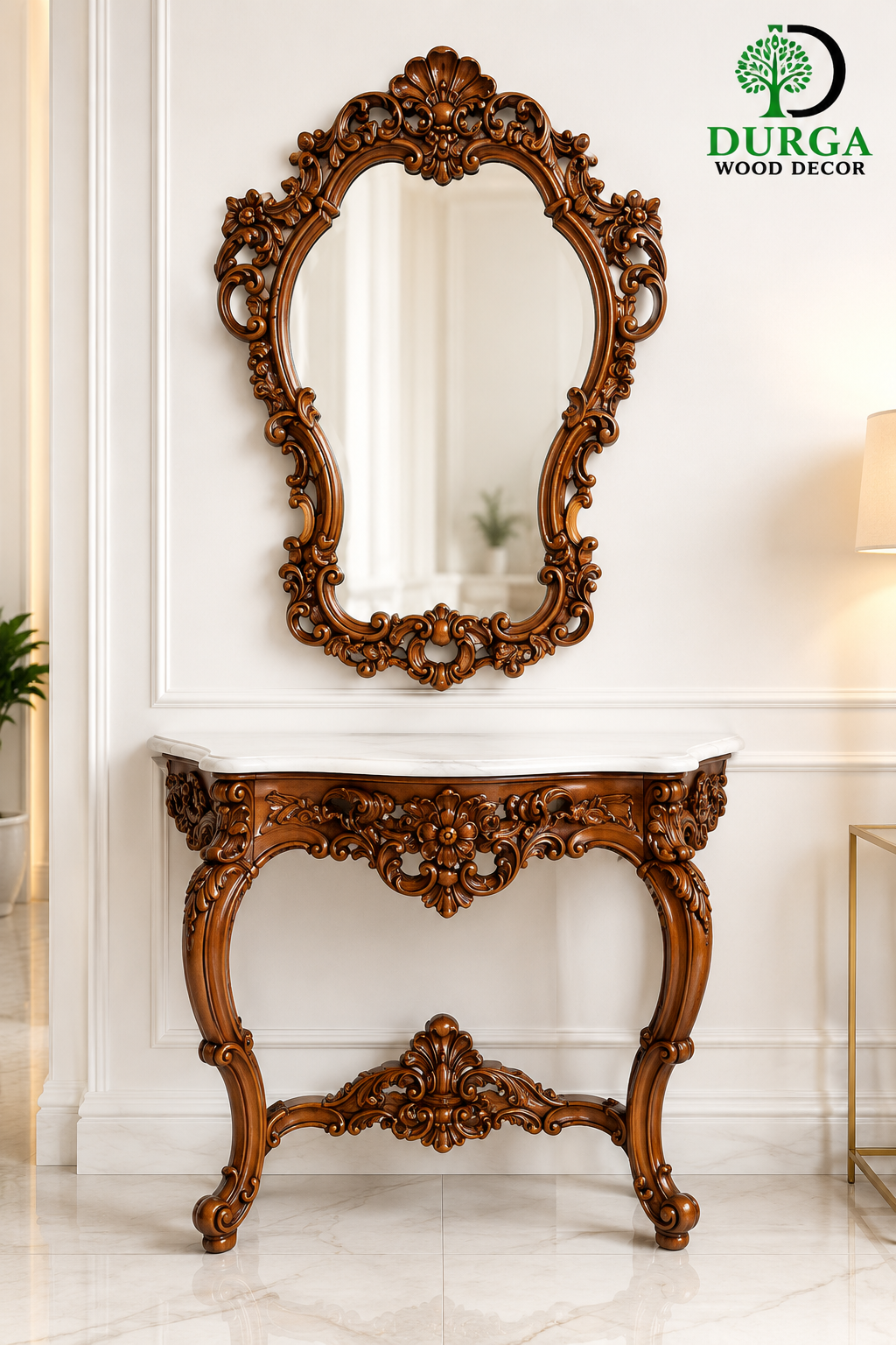 Durga Royal Baroque Marble Top Carved Teak Wood Console Table & Mirror Set