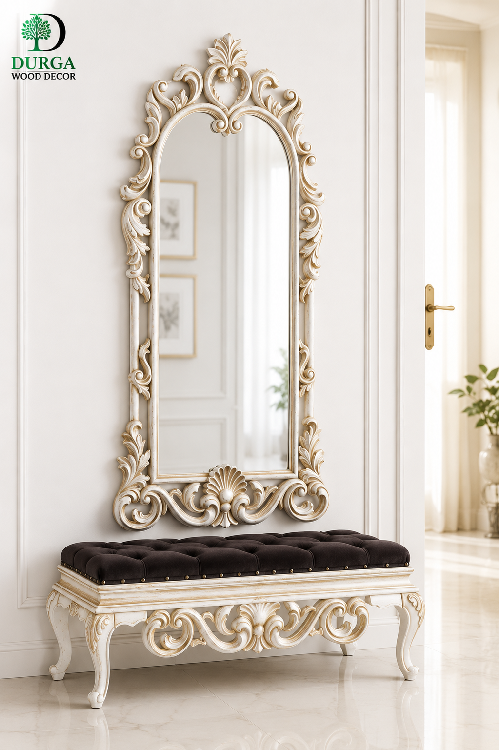 Durga Royal Baroque Off-White Carved Teak Wood Console Bench & Arched Mirror Set