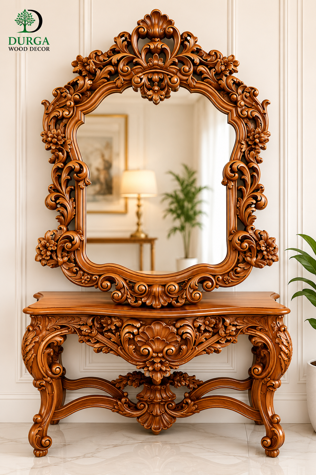 Durga Royal Baroque Teak Wood Luxury Console Table & Mirror Set
