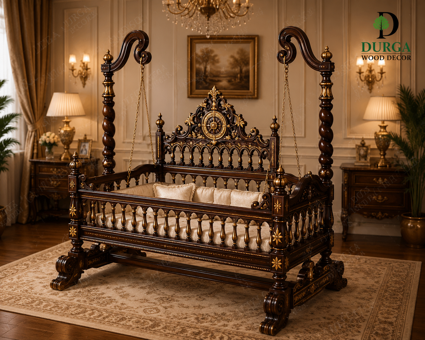 Durga Royal Heritage Carved Teak Wood Baby Swing  / Palna Luxury Cradle Bed