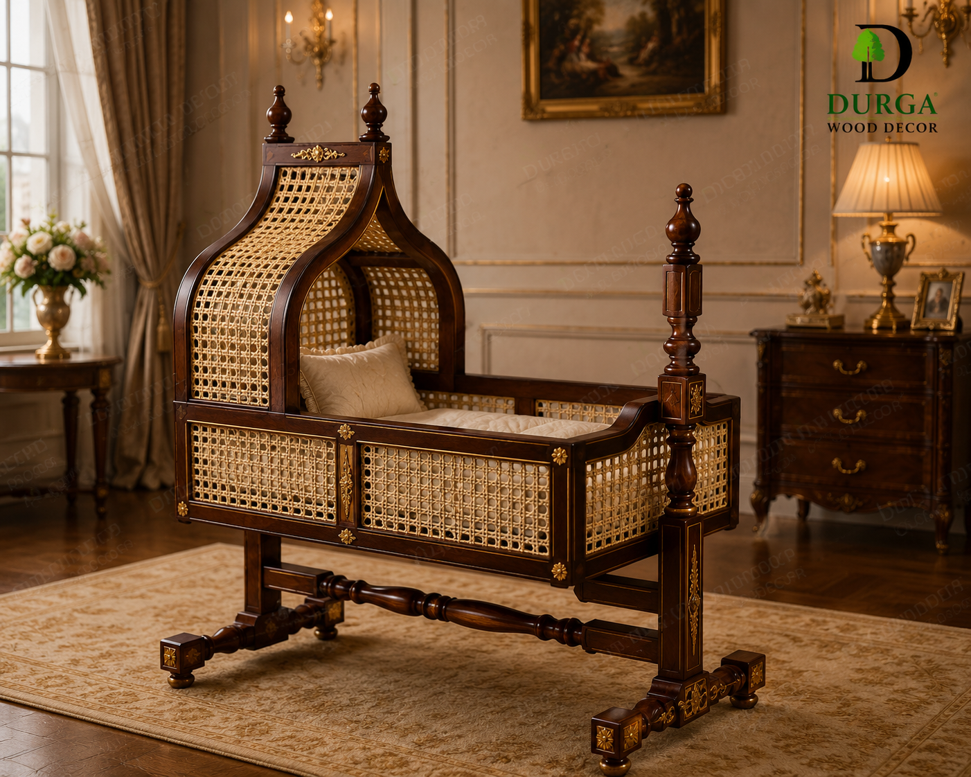Durga Vintage Colonial Cane & Teak Wood Luxury Hooded Cradle / Palna