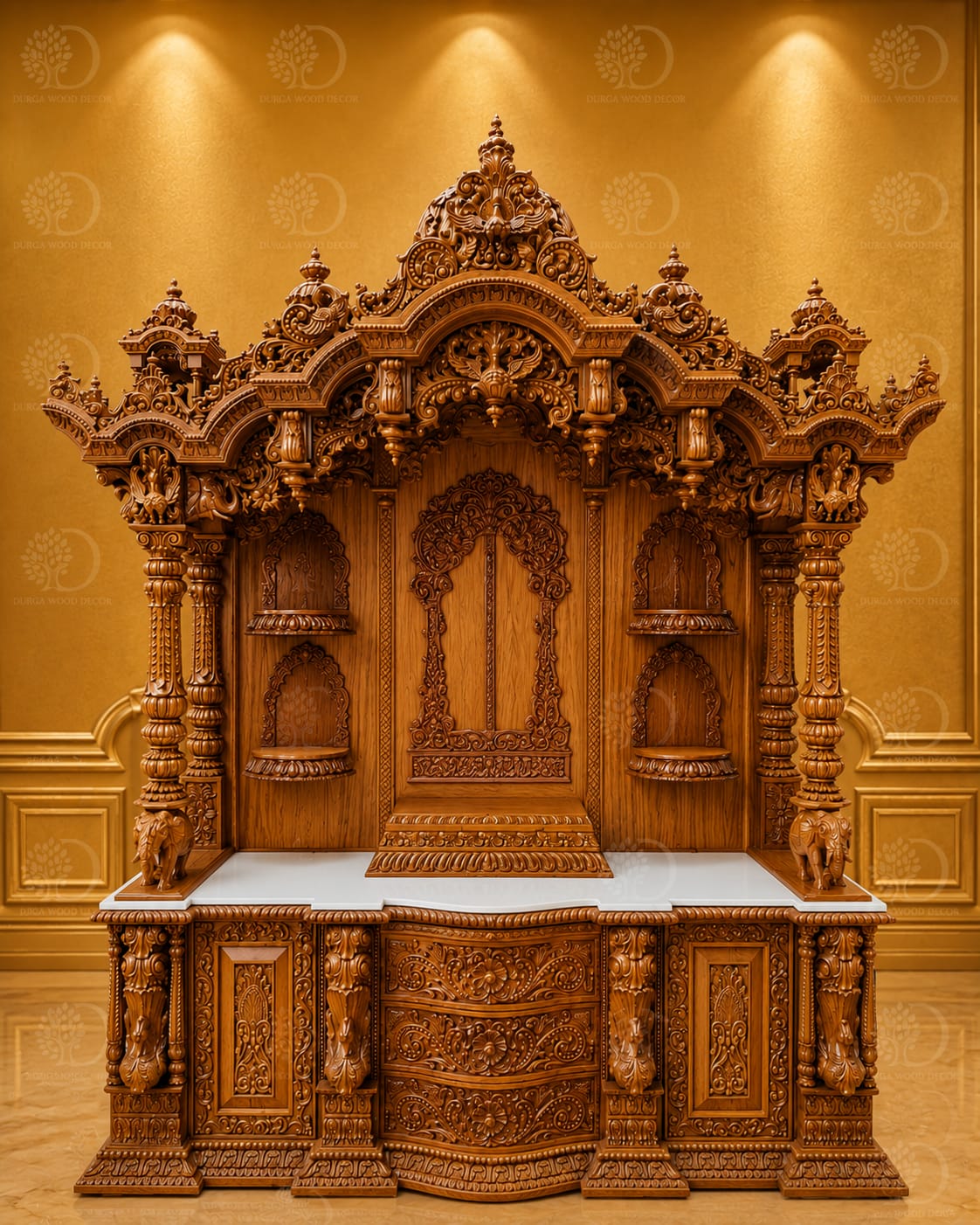 FULLY Hand-Carved Teak Wood Pooja Mandir with White Altar Top