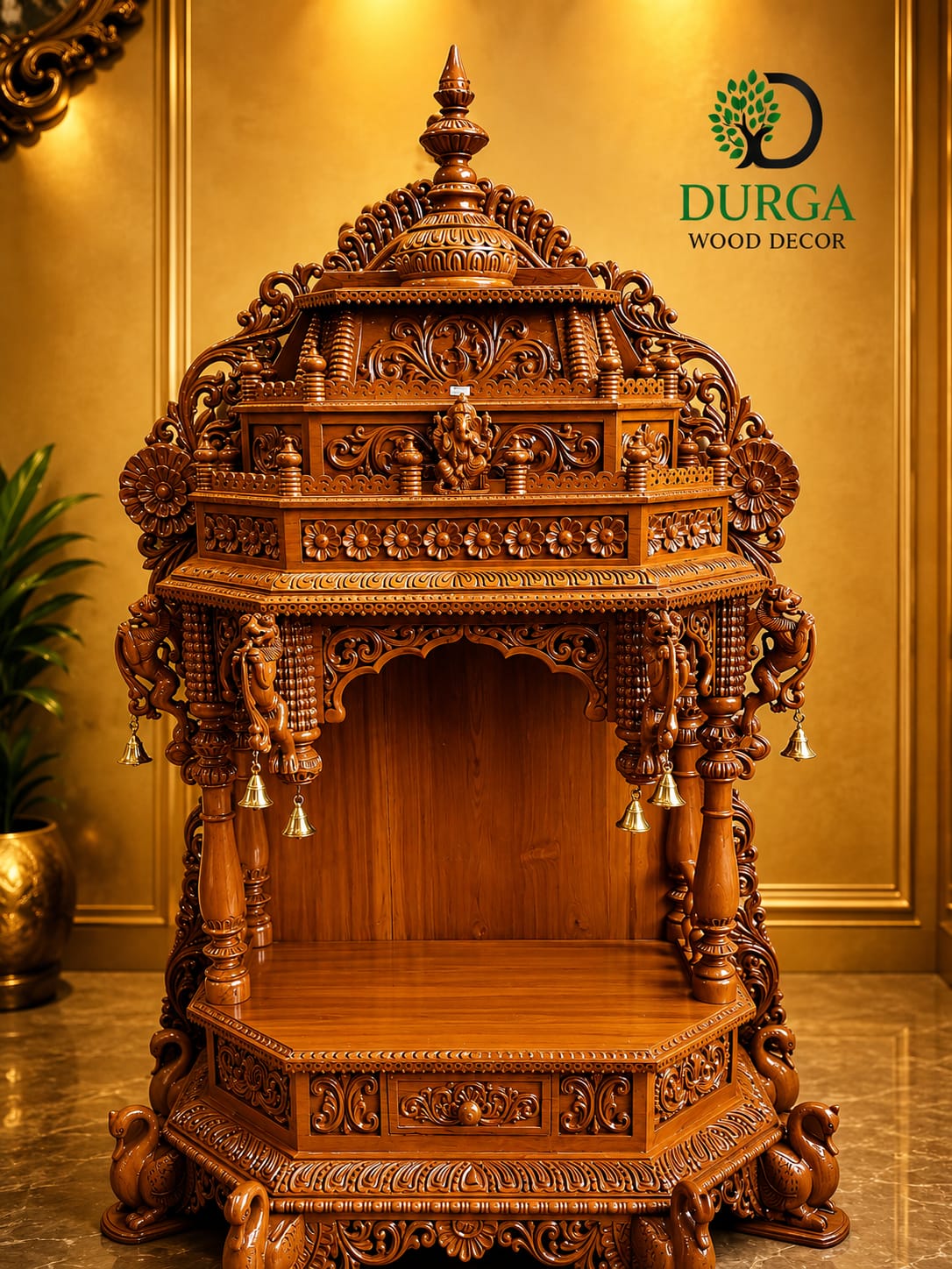 Grand Hand-Carved Teak Wood South Indian Style Pooja Mandir