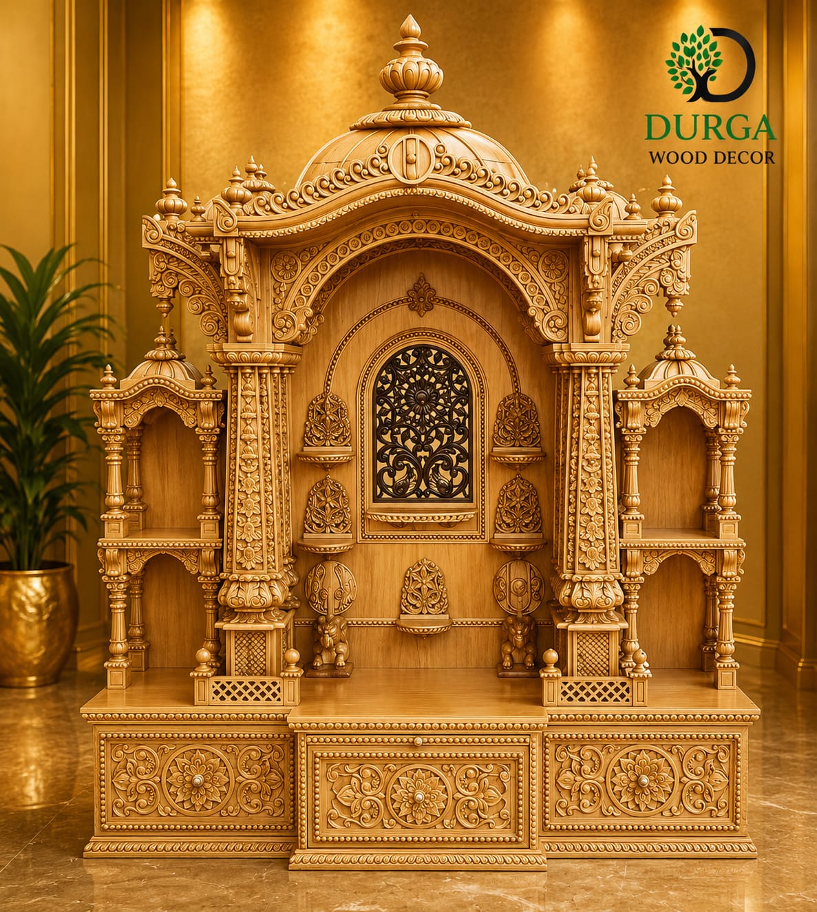 Grand Multi-Wing Hand-Carved Teak Wood Pooja Mandir