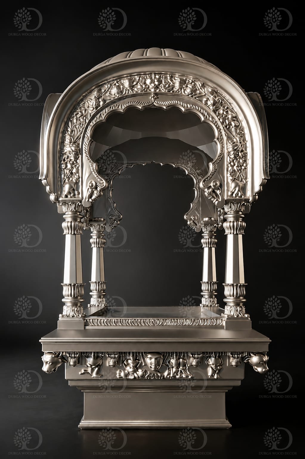 Grand Silver-Coated Teak Wood Pooja Mandir (Shree Tulja Bhavani Style)