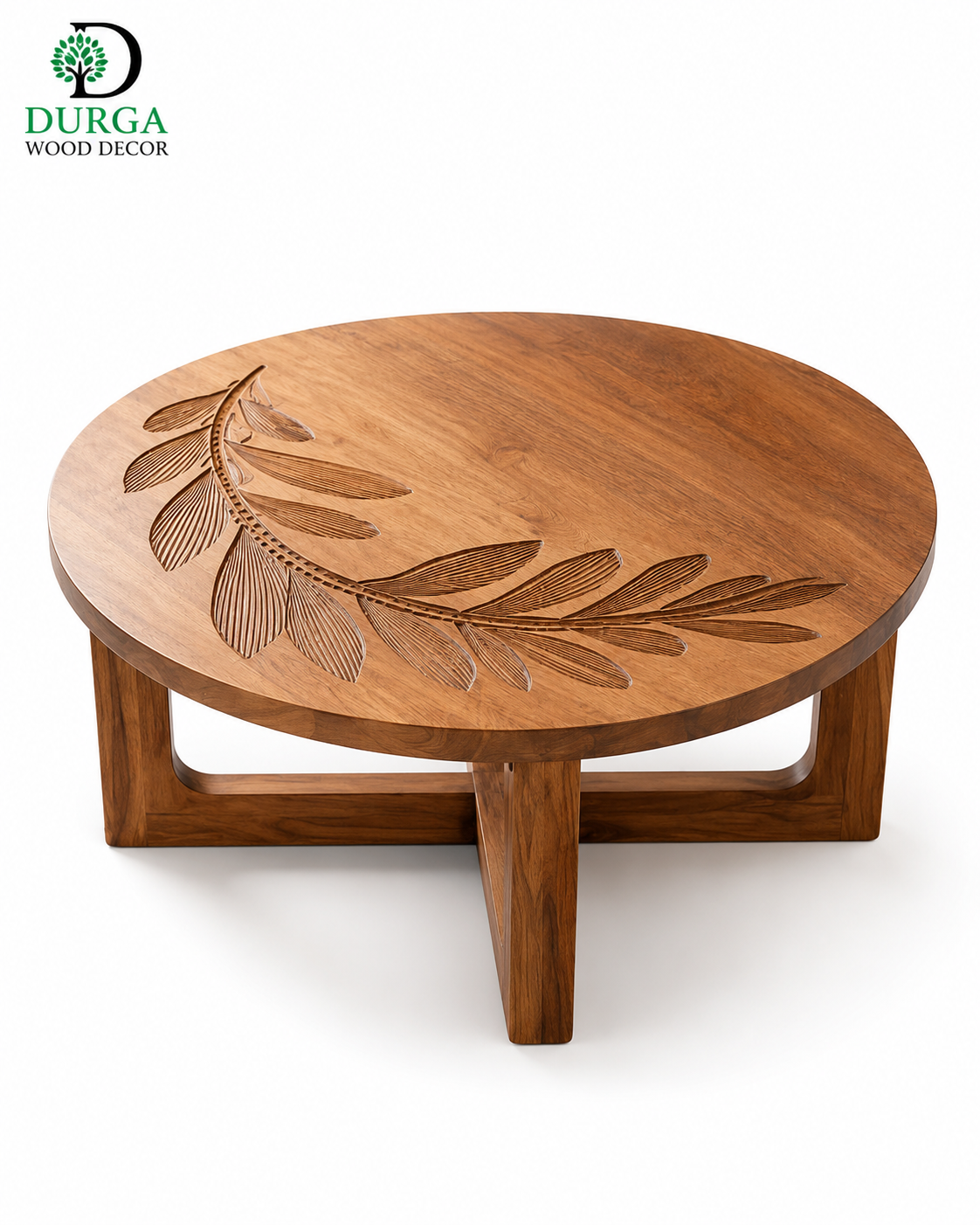 Minimalist Leaf-Carved Round Teak Wood Center Table