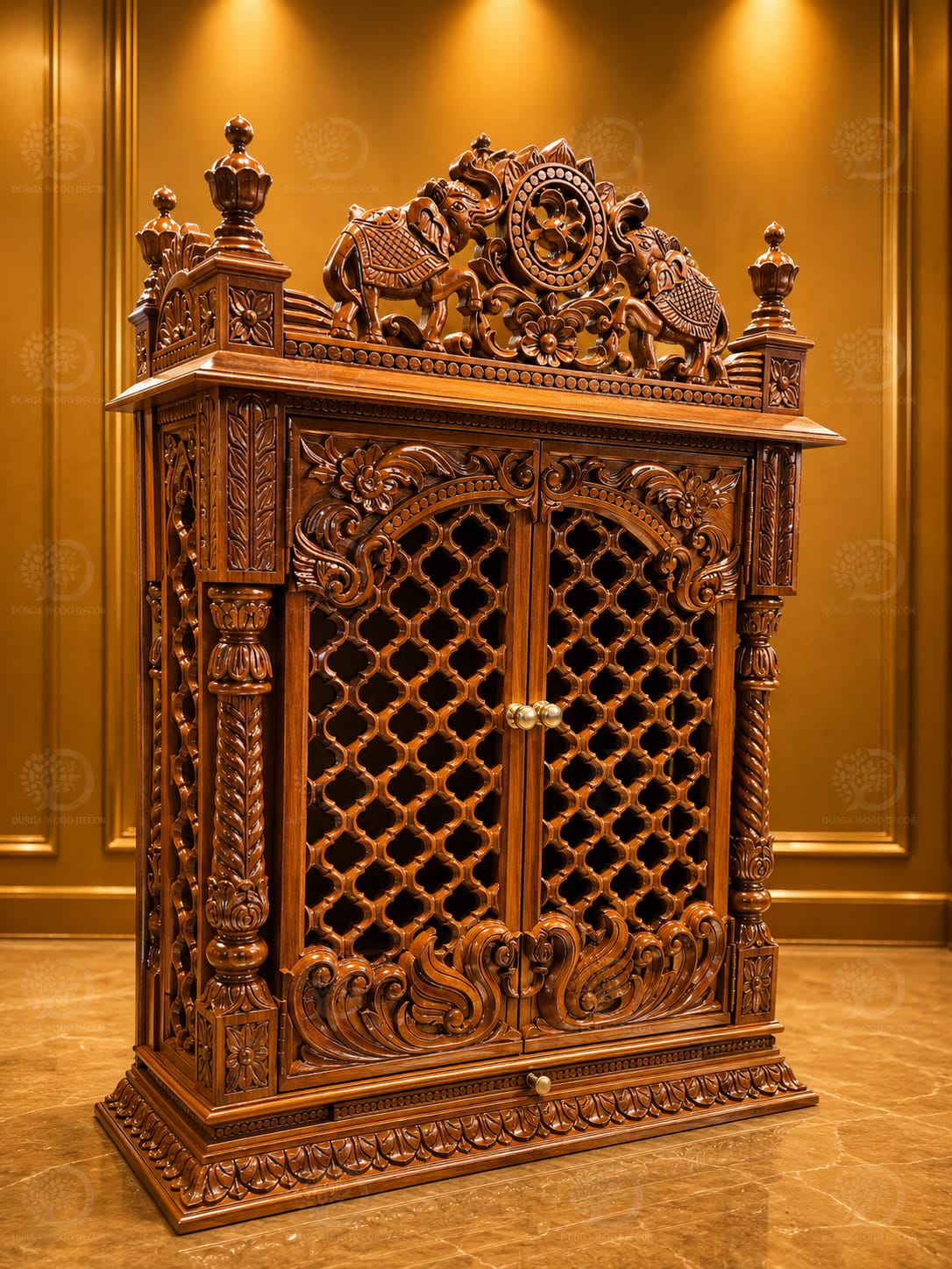 Premium Hand-Carved Teak Wood Cabinet Mandir with Elephant Crown