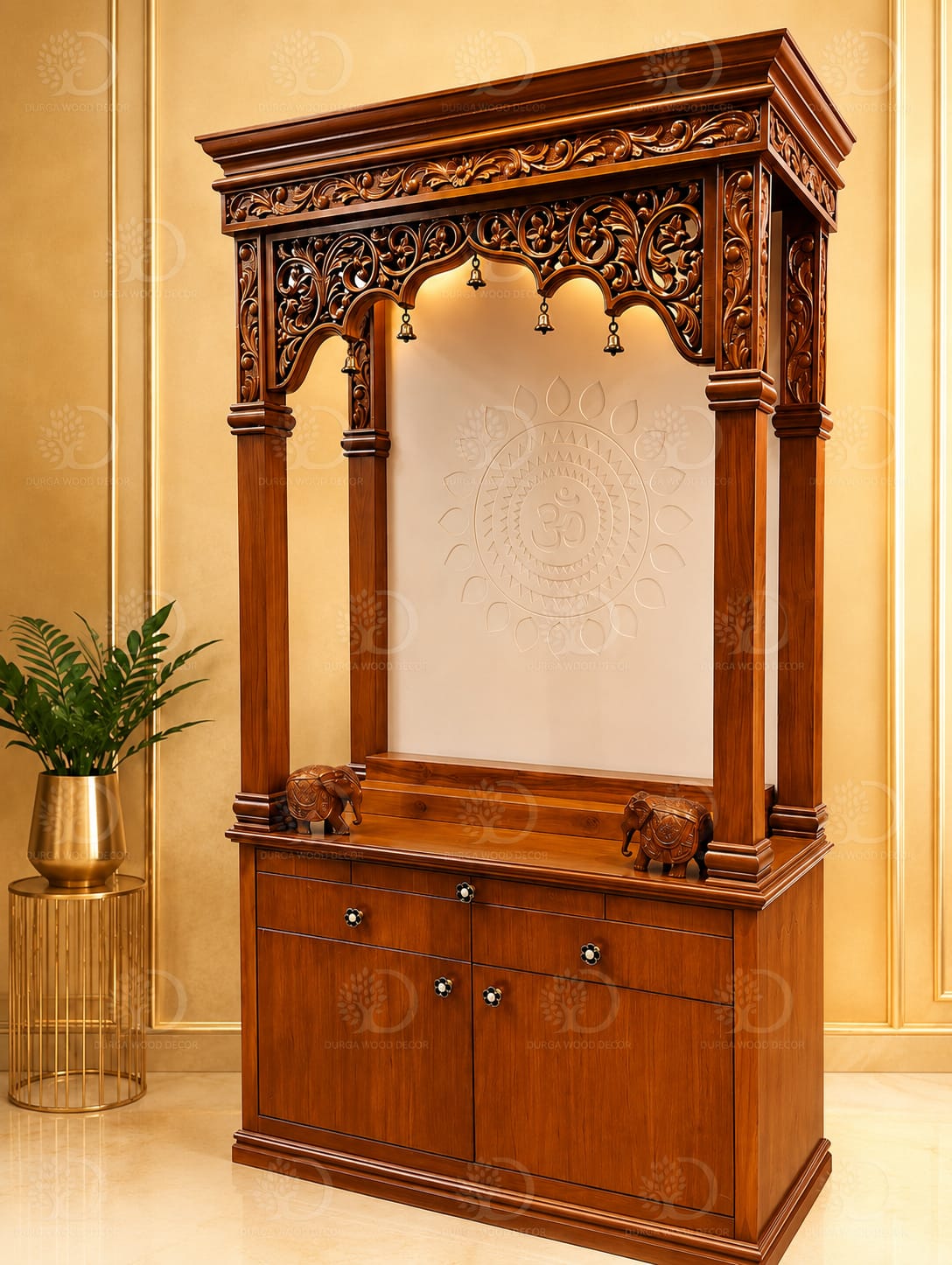 Premium Hand-Carved Teak Wood Pooja Mandir with Illuminated Om Backpanel
