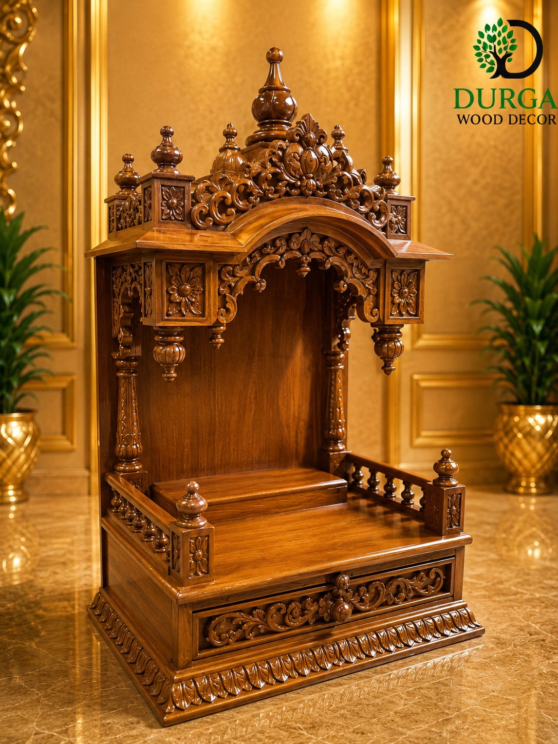 Premium Hand-Carved Teak Wood semi-Open Pooja Mandir