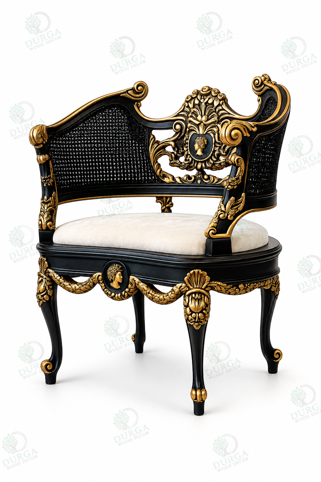 Royal Victorian Black & Gold Carved Teak Wood Accent Chair